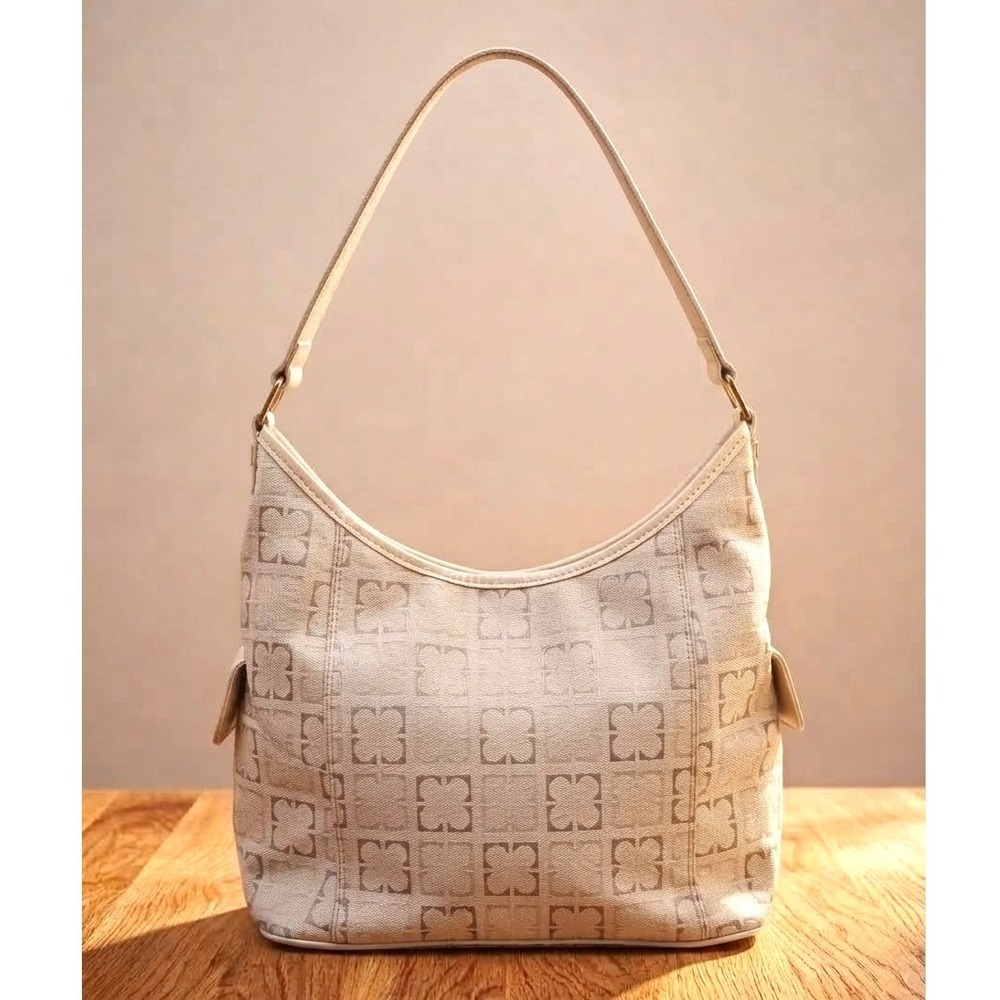 Liz Claiborne New York Monogram Jacquard Vintage Y2K Shoulder Hobo Bag Cream